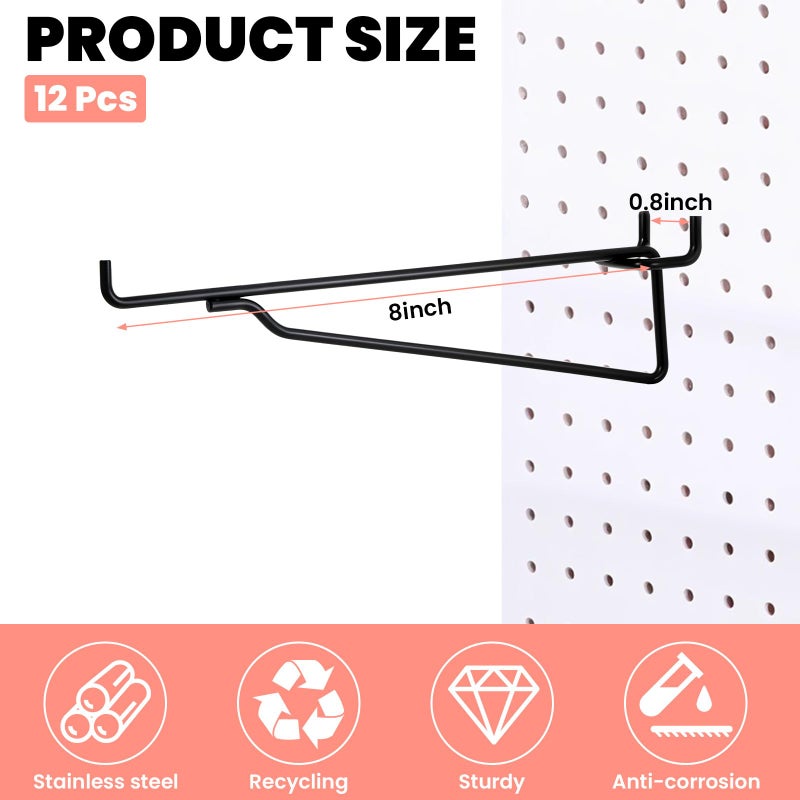 12 قطعة من خطافات رف Pegboard من Ubamdom، دعامات لوح ربط سوداء مقاس 8 بوصة، مجموعة خطافات معدنية، نظام ترتيب تخزين أدوات مختلفة للجراج، والحرف اليدوية، وورش العمل، ومنضدة العمل - Image 2
